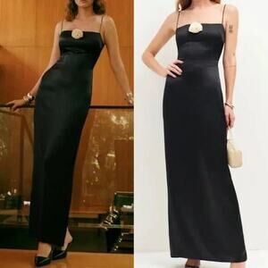 Reformation Black Cream Rosette Silk Slim Frankie Maxi Dress - 4